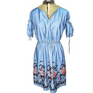 Woman's Roz&Ali cottagecore V-neck smocked cap sleeve midi floral blue dress 14
